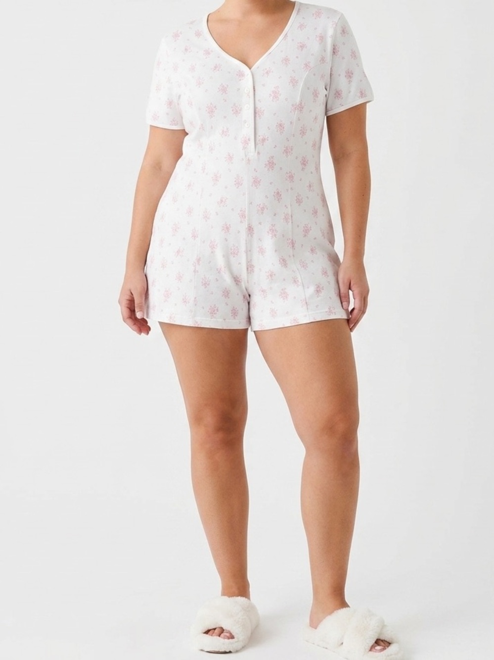 Vintage White Short-Sleeve Floral Romper Pajama with Pink Print